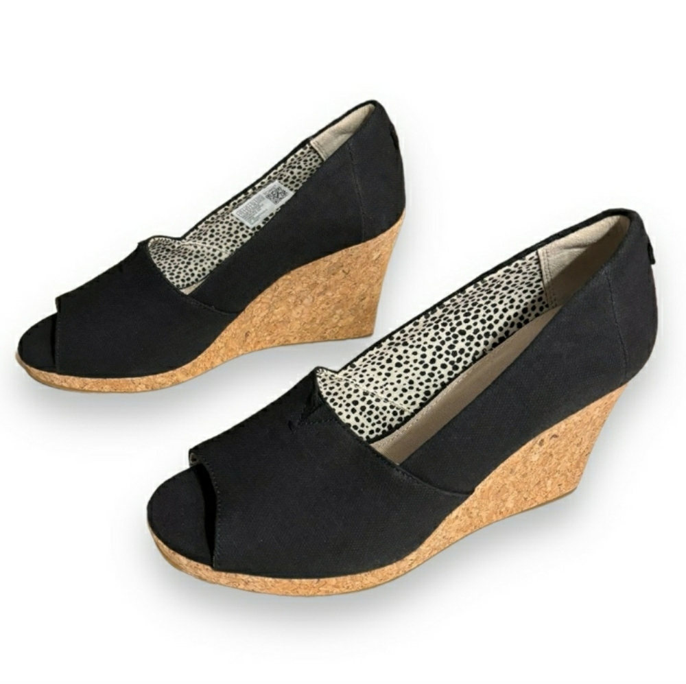 TOMS Michelle Cotton Peep-Toe Platform Wedge Pump Heel